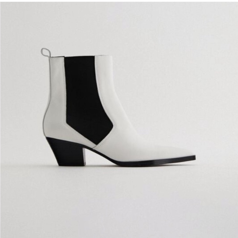 Zara white leather heeled cowboy ankle boots